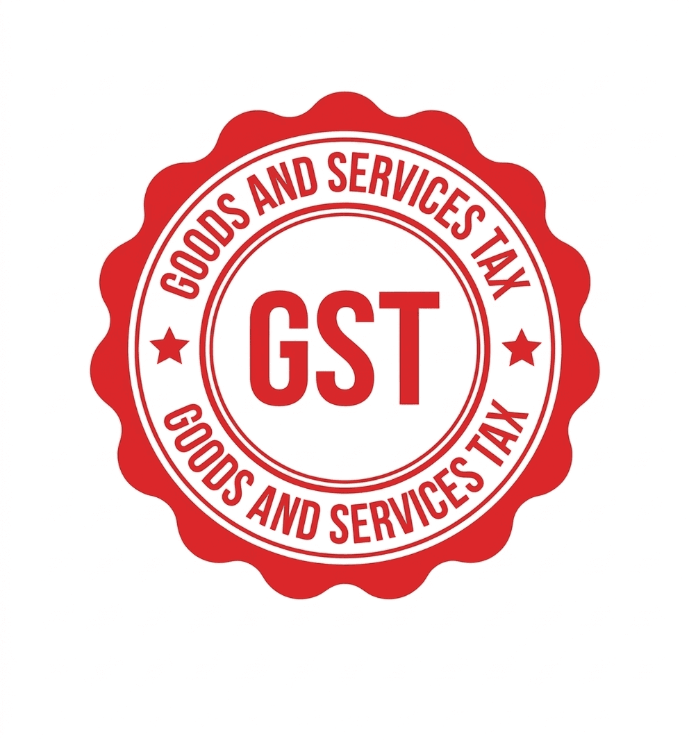 GST Goods and Services Tax registration certificate logo with red and white circular stamp design